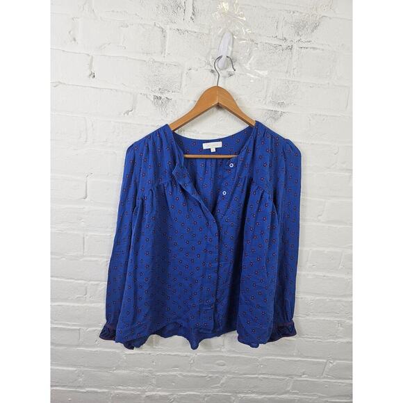 Hoss Intropia Women's V-Neck Floral Button Front Blouse Long Sleeve Blue Size 38 - Picture 1 of 4